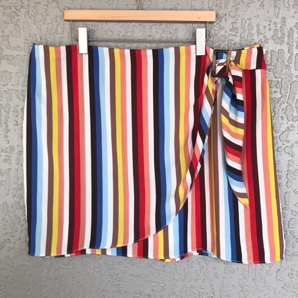 Ophelia Roe Colorful Stripe Faux Wrap Buckle Skirt Plus Size